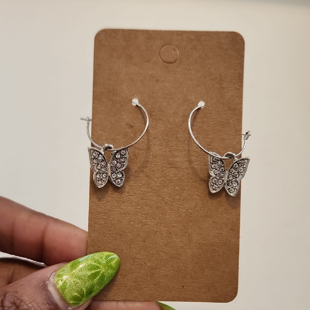 Silver Butterfly Hoop Earrings - Sparkling Crystal Accents